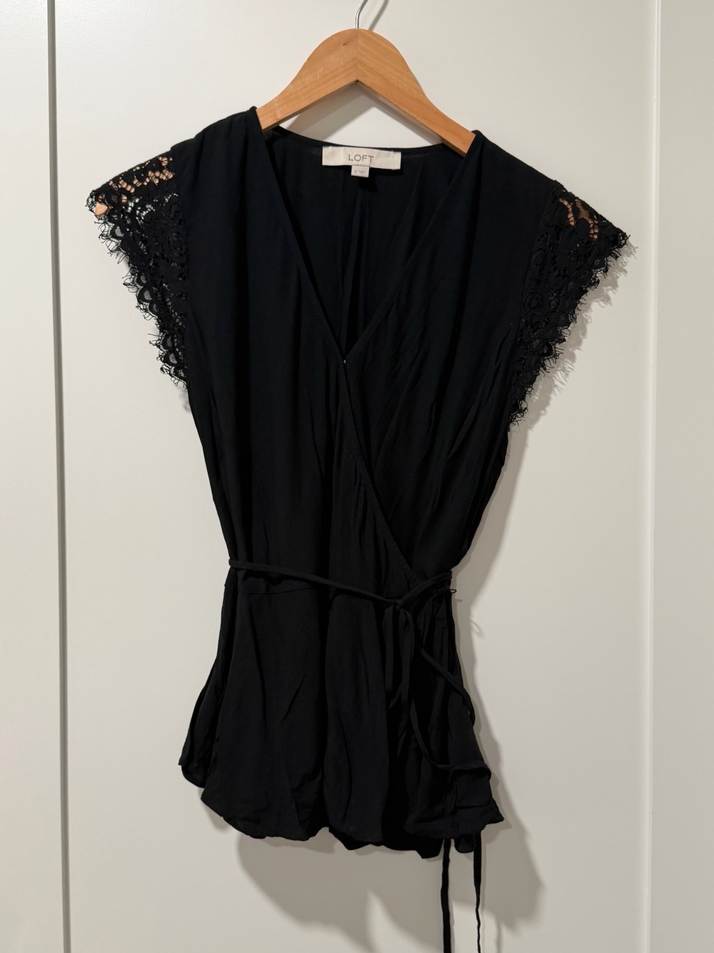 LOFT Black Lace-Trim Wrap Blouse - Sz S